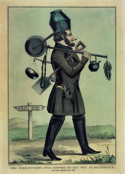 Lithograph of a prospector loaded with gear, about 1849